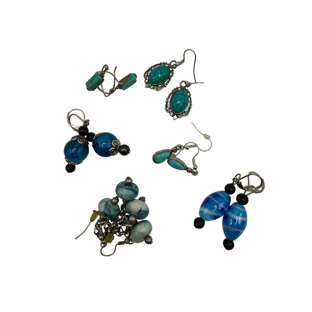 Boho Coastal Silver Tone Beaded Earrings Lot of 6 — Turquoise Blue Dangle - Picture 2 of 10
